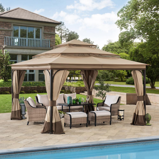 13x13 ft. Steel Gazebo with 3-tier Tan and Brown Canopy