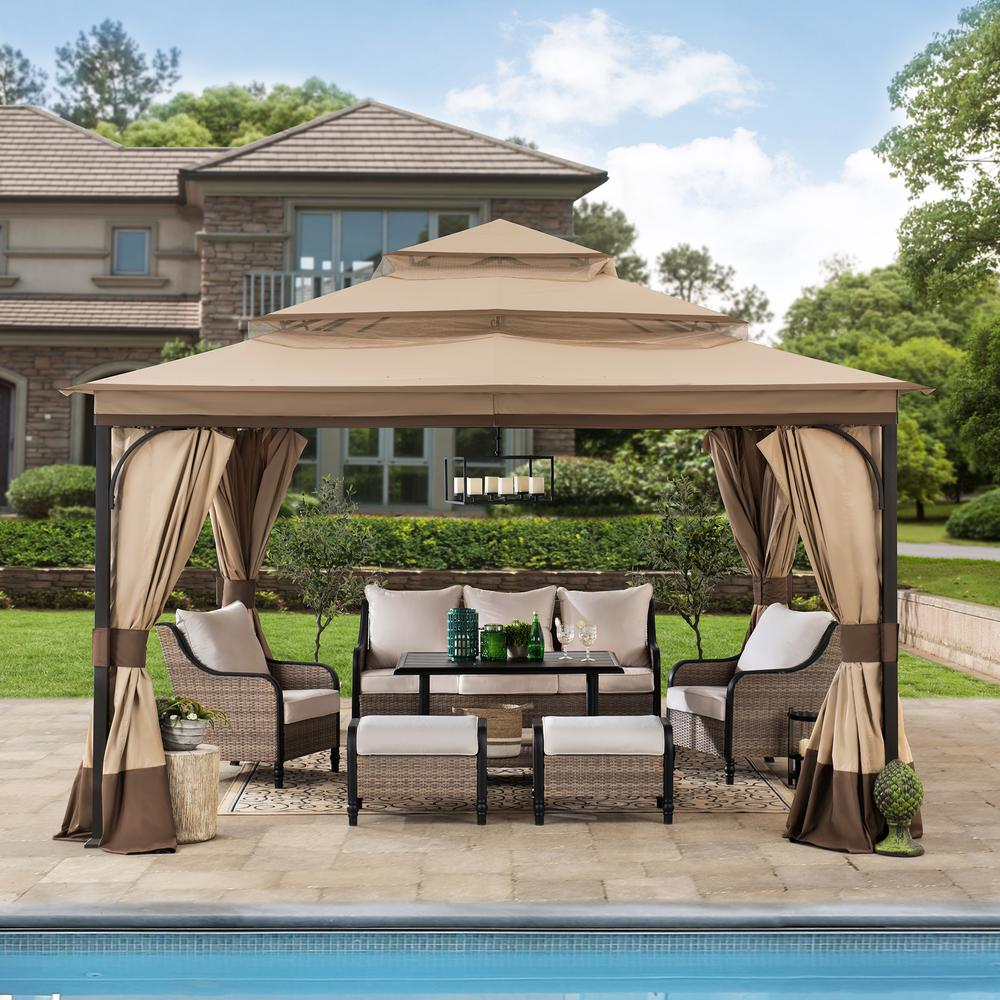 13x13 ft. Steel Gazebo with 3-tier Tan and Brown Canopy