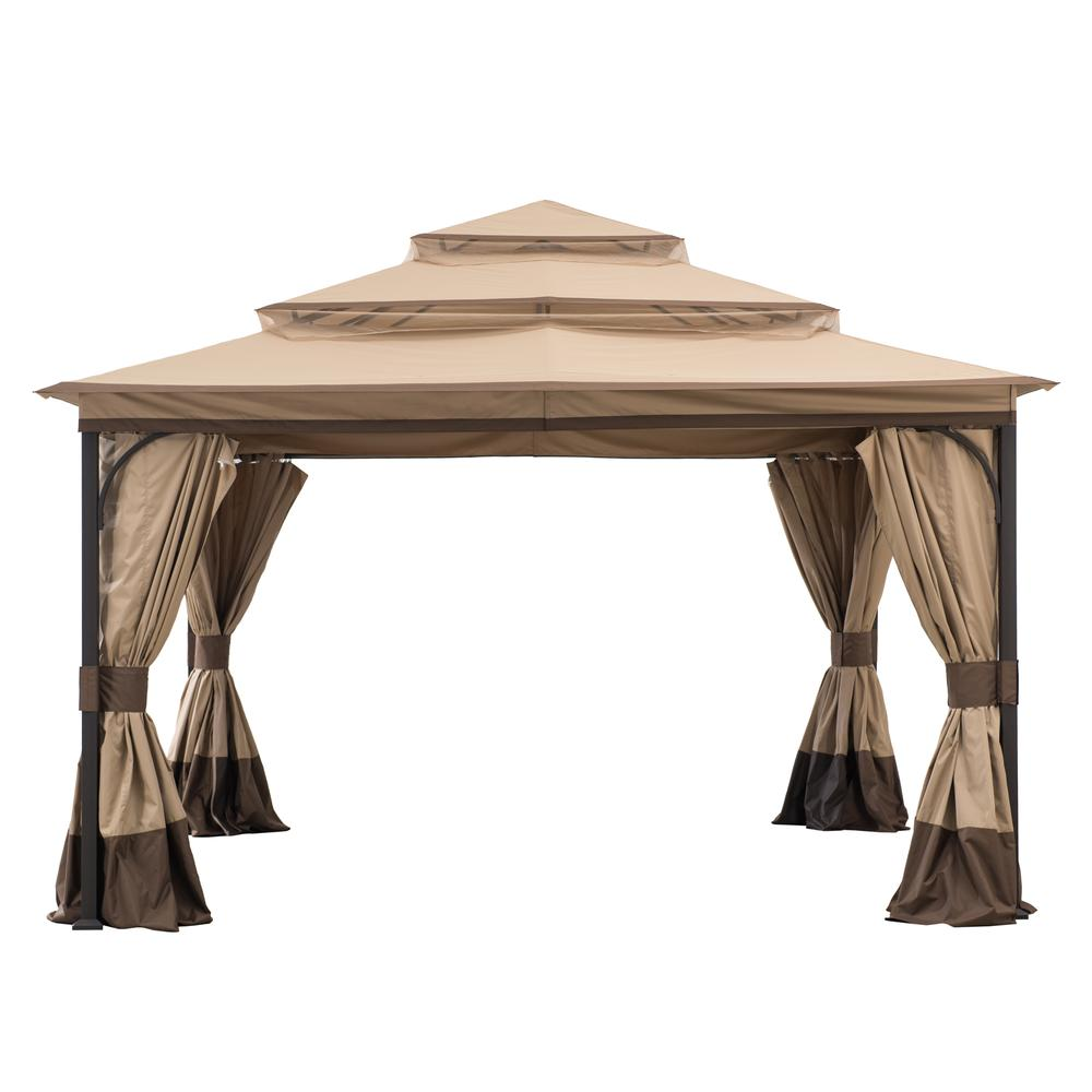 13x13 ft. Steel Gazebo with 3-tier Tan and Brown Canopy