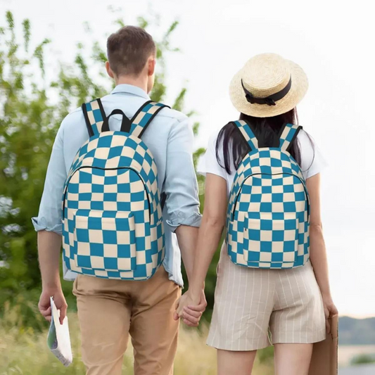 Blue Geometric Checkerboard Backpack Durable Canvas Daypack for Men and Women, Ideal for High School and Business Use