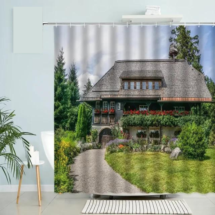 Country Garden View Shower Curtain Spring Flowers and Farmhouse Scenery For A Peaceful Bathroom Retreat