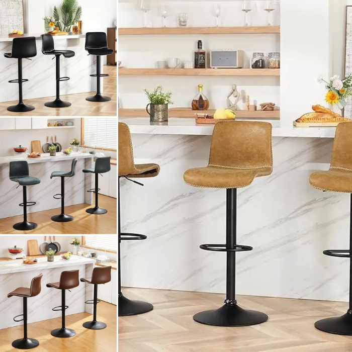 Brown Swivel Bar Stools Set of 3 - Adjustable Counter Height 24" to 32" with Backrest, Faux Leather