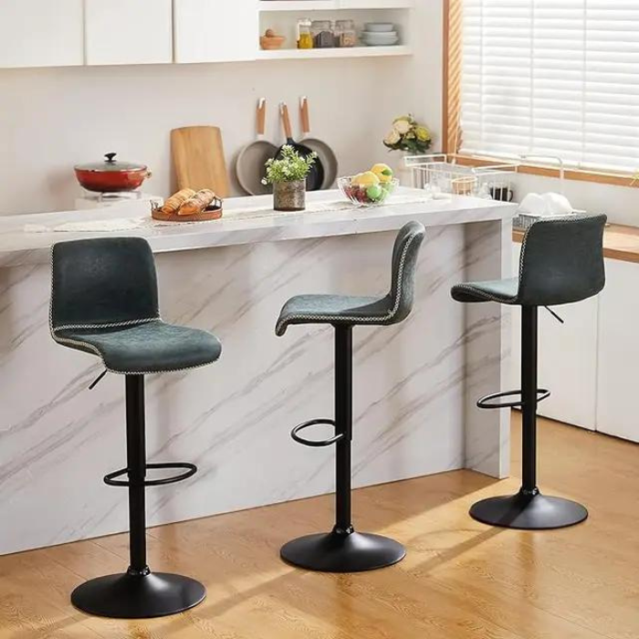 Brown Swivel Bar Stools Set of 3 - Adjustable Counter Height 24" to 32" with Backrest, Faux Leather