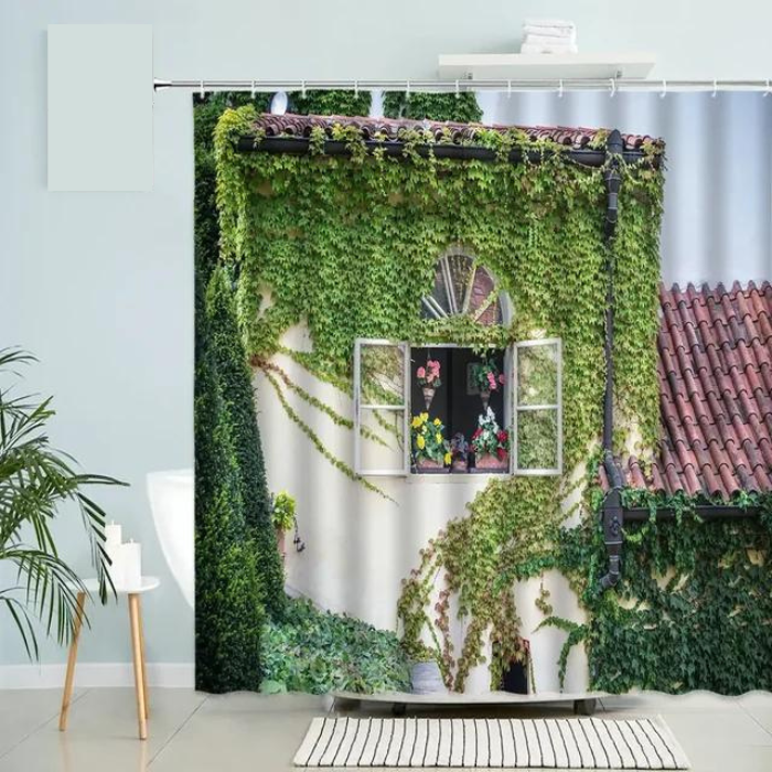 Country Garden View Shower Curtain Spring Flowers and Farmhouse Scenery For A Peaceful Bathroom Retreat