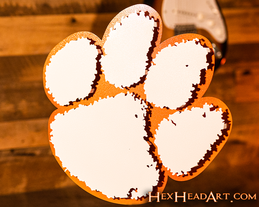 Clemson Tigers PAW - White on Orange 3D Vintage Metal Wall Art