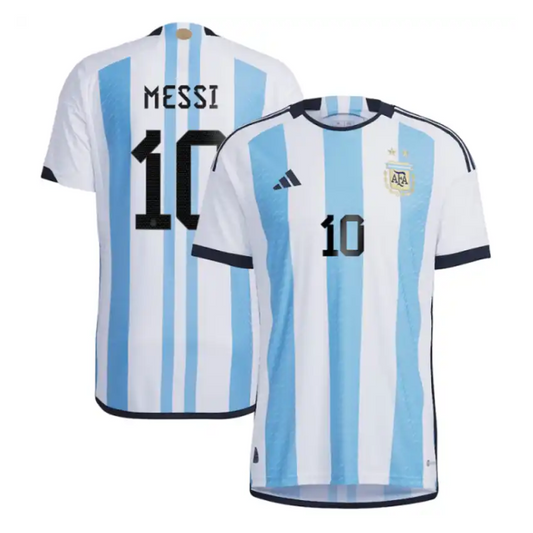 Lionel Messi 10 Argentina National Team Shirt 2022 Winners Home Jersey - White/Light Blue