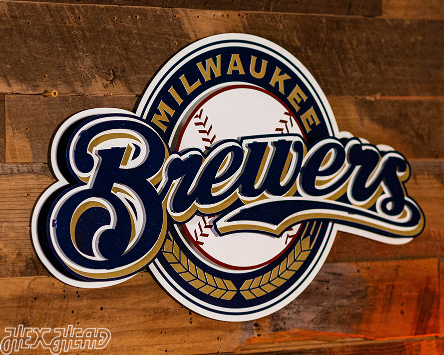 Milwaukee Brewers RETRO Baseball Script 3D Vintage Metal Wall Art