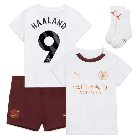 Manchester City Away Kids kit 2023-24 with Haaland 9 printing Jersey - White