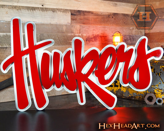 Nebraska "HUSKERS" RED Script 3D Vintage Metal Wall Art