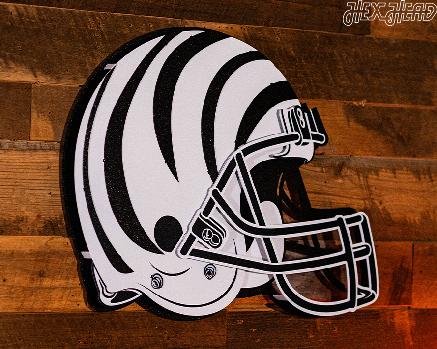 BLITZ Collection - 8 Layer Black & White Cincinnati Bengals Helmet 3D Vintage Metal Wall Art