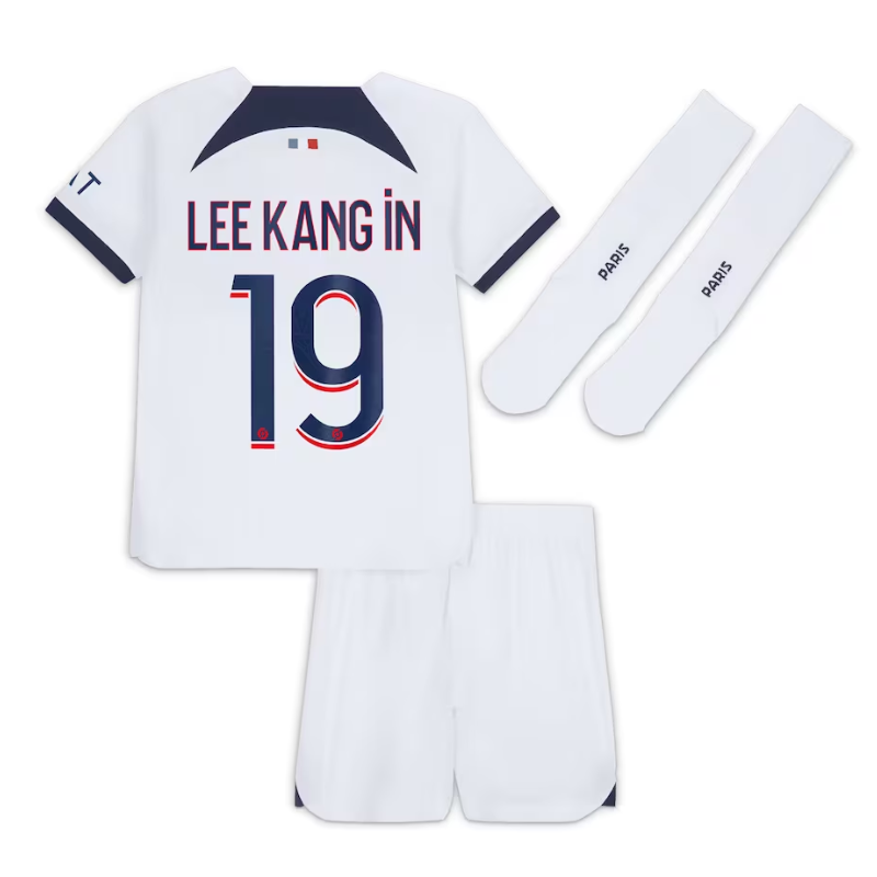 Paris Saint-Germain Away Kit 2023-24 - Little Kids with Player Lee Kang In 19 printing Jersey - White