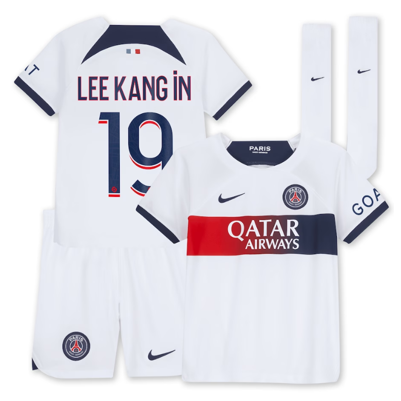 Paris Saint-Germain Away Kit 2023-24 - Little Kids with Player Lee Kang In 19 printing Jersey - White