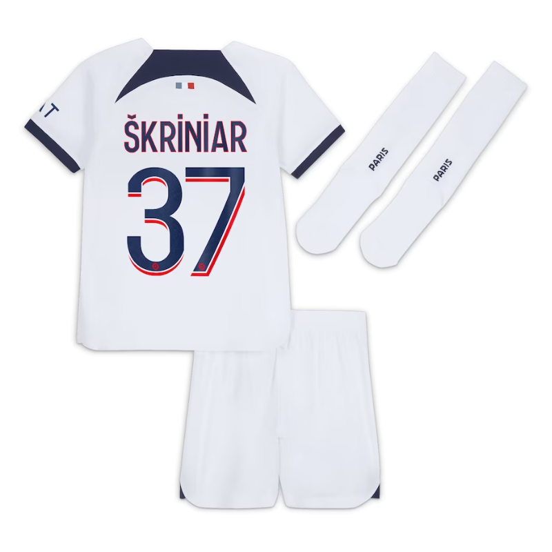 Paris Saint-Germain Away Kit 2023-24 - Little Kids with Player Škriniar 37 printing Jersey - White