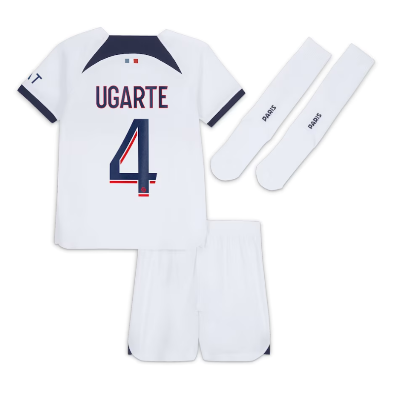 Paris Saint-Germain Away Kit 2023-24 - Little Kids with Player Ugarte 4 printing Jersey - White