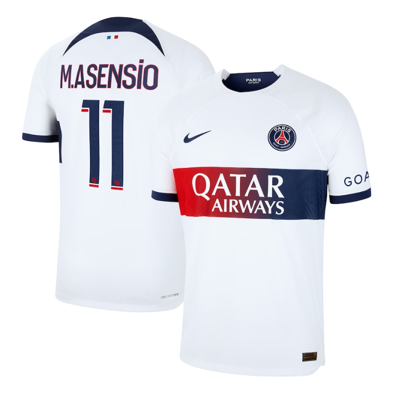 Paris Saint-Germain Away Shirt 2023-24 with Player M.Asensio 11 printing Jersey - White