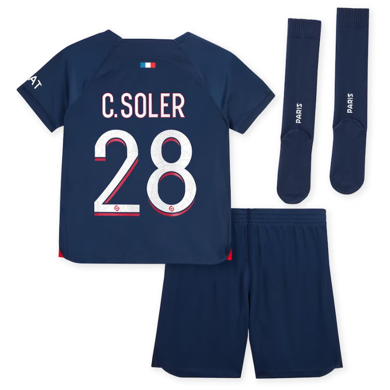 Paris Saint-Germain Home Kit 2023-24 - Little Kids with C. Soler 28 printing Jersey - Blue