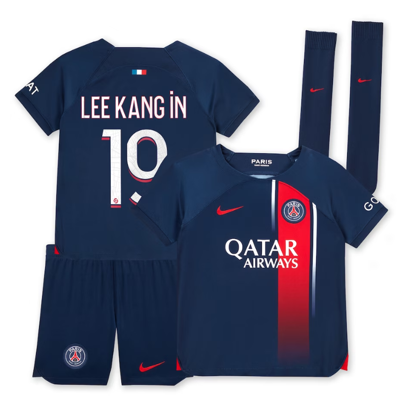 Paris Saint-Germain Home Kit 2023-24 - Little Kids with Player Lee Kang In 19 printing Jersey - Navy