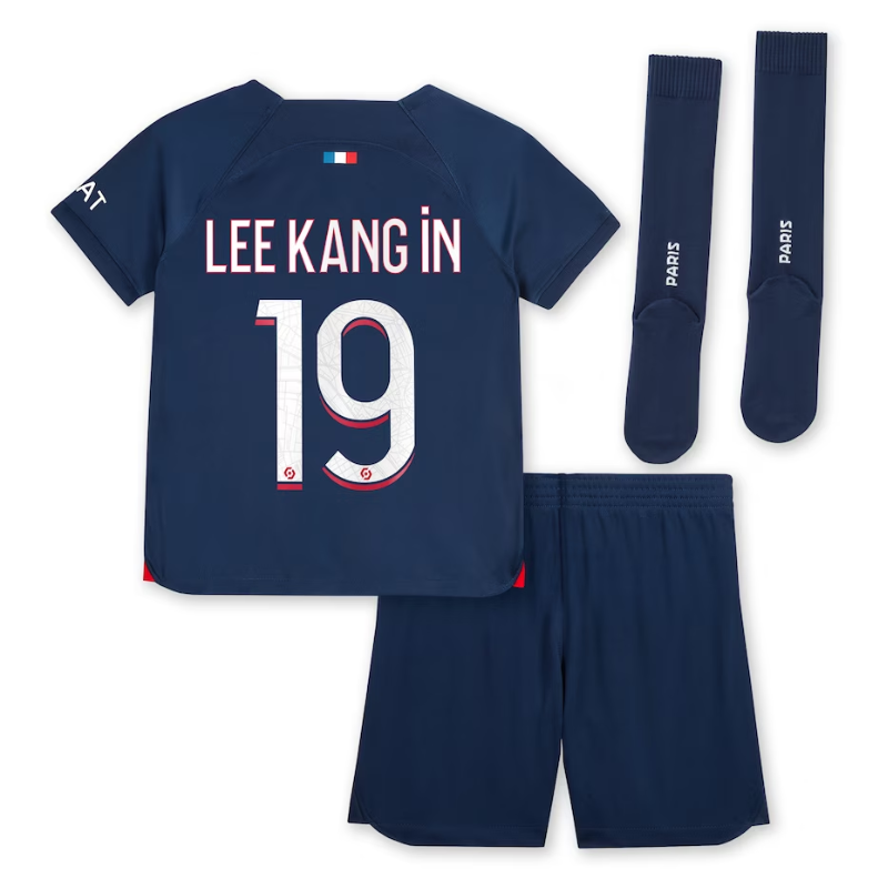 Paris Saint-Germain Home Kit 2023-24 - Little Kids with Player Lee Kang In 19 printing Jersey - Navy