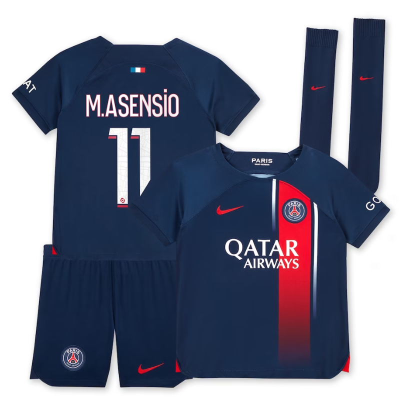 Paris Saint-Germain Home Stadium Kit 2023-24 - Little Kids with M.Asensio 11 printing