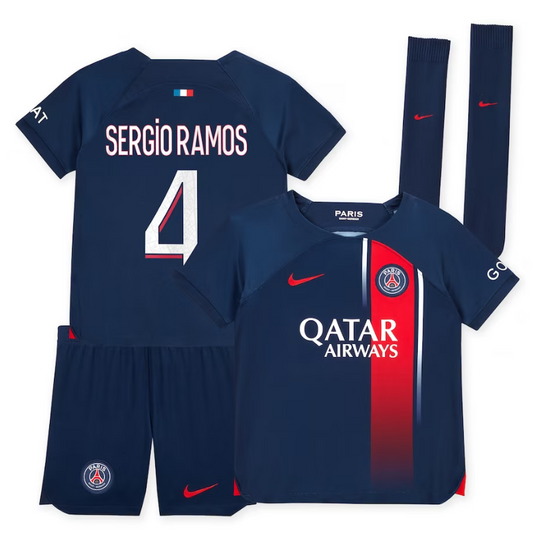 Paris Saint-Germain Team Home Kit 2023-24 - Little Kids with Sergio Ramos 4 printing Jersey - Blue